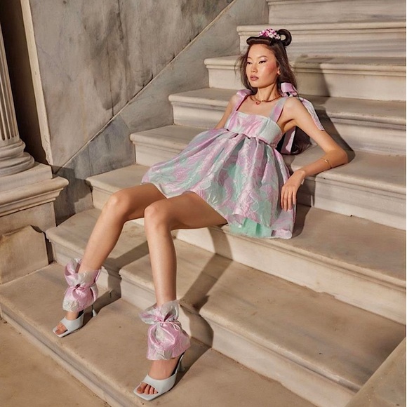 WOLF & BADGER Floral Embossed Tulle Sleeveless Bow Strap Babydoll Puff Dress XS - Picture 1 of 14